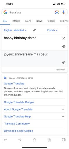 an iphone screen with the message happy birthday sister and google's translation in french