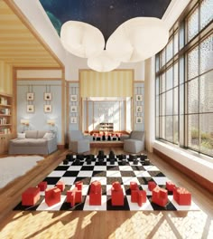 a living room filled with lots of furniture next to a large checkerboard floor