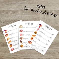 three menu cards with donuts on them and the words, menu for pretend play