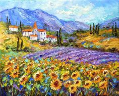 a painting of sunflowers in front of a mountain range with houses and trees