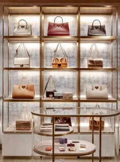 a display case filled with lots of purses