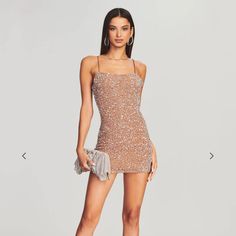 An Instant Classic, Our Dionne Dress Was Designed To Stand The Test Of Time. This Streamlined Mini Tube Dress Features Hand-Stitched Sequin Embroidery And Spaghetti Straps. The No-Slip Interior Top Trim Keeps Your Dress In Place While You Dance The Night Away. Shown Here In Silver/Nude. Handmade 100% Nylon Made In India Model Is 5'10" Wearing Size S Style No. Pf22-5403 Sold Out On Retrofete + Revolve Champagne Mini Dress For Summer Gala, Champagne Mini Length Cocktail Dress, Champagne Mini Cocktail Dress, Fitted Champagne Mini Dress For Evening, Mini Tube Dress, Sequin Embroidery, Sparkle Dress, Sequins Embroidery, Sequin Mini