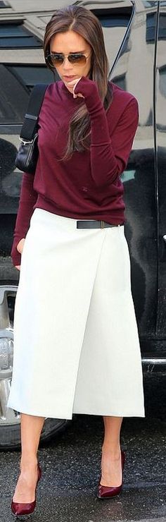 Victoria Beckham Event Fashion, White Midi Skirt, Black Leather Handbag, Stil Elegant, Chanel Paris