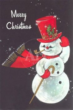 a christmas card with a snowman holding a broom