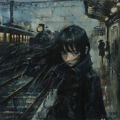 a painting of a woman with long hair standing in front of a train at a station