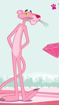 the pink panther is standing in front of a diamond and looking at it's face