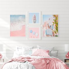 a bedroom with pink and white decor on the walls, along with pictures above the bed