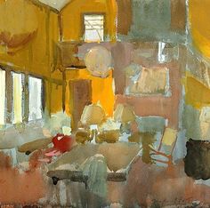 an abstract painting of a living room with yellow walls and chairs in the foreground