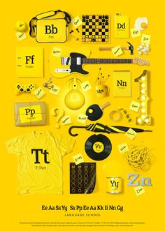 a yellow poster with various items on it and the words't - shirt'written in