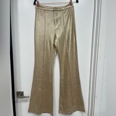 Brand New Spring Stretch Gold Pants, Gold Trousers For Spring, Spring High Waist Gold Pants, Gold Straight Leg Pants For Spring, Gold Wide Leg Pants For Summer, Gold Long Pants For Summer, High Waist Gold Bottoms For Fall, Gold Straight Leg Bottoms For Night Out, Gold High-waisted Pants For Spring