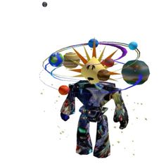 an image of a robot that is flying through the air with planets in it's arms