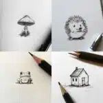 pencils and ink drawings of house, hedgehog, mushroom, caricature