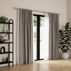 a living room with wooden floors and white walls, two large plants on either side of the window