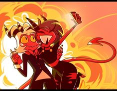 an image of a cartoon character with horns on her head and demon like hair holding a cell phone