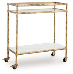 a gold metal and glass shelf with wheels