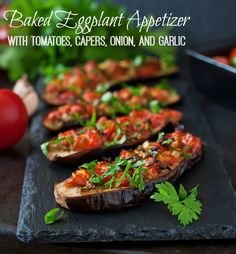 baked eggplant appetizer with tomatoes, capers, onion and garlic