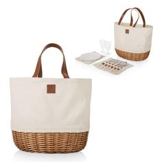 two wicker baskets with handles, one is white and the other is brown