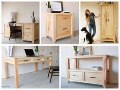 four different pictures of a woman and her dog in the same room, including a desk