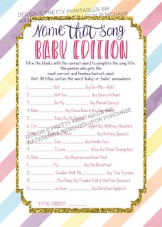 a baby shower game with the words name that song in pink, yellow and blue