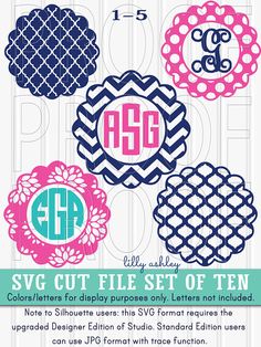 the svg cut file set of ten includes monogrammed frames, circles and flowers