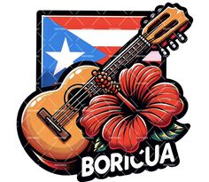 an image of a guitar and flower with the puerto flag in the backgrund