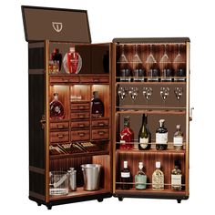 an open wooden cabinet filled with bottles and glasses