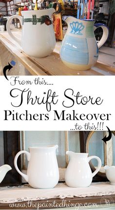 three white pitchers sitting on top of a wooden shelf with the words from this thrift store pitcher makeover at twp