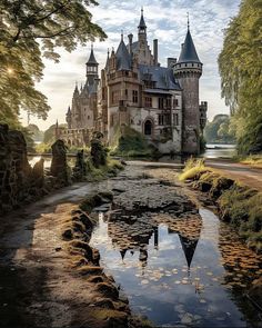 an old castle sitting on top of a lush green field next to a river and forest