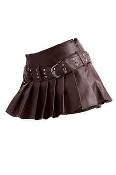 Pleated leather mini skirt in brown with studded belt and buckle details. Features a structured waistband and A-line silhouette Y2k Outfits Grunge, Pleated Leather Mini Skirt, Aesthetic Clothes Y2k, Grunge Sleaze, Skirt Png, Pleated Leather Skirt, Clothes Y2k, Leather Pleated Skirt, Leather Mini Skirt