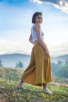 Yellow Mustard Pants, Women Linen Pants, Linen Cotton Pants 🌿 Introducing Our Natural Wide-Leg Pants! 🌟 Created from a blend of soft linen and cotton with a delightful stripe pattern and textured feel. These pants are designed for comfort, perfect for warmer days. 📏 Sizing: Designed to fit XS to XL / US: 2/4/6/8/10/12/14 👖 Features: - Lined with soft cotton up to knee level for modesty and enhanced comfort. The breathable fabric ensures excellent airflow, keeping you cool throughout the day. Mustard Wide Leg Cotton Bottoms, Yellow Elastic Waistband Harem Pants, Yellow Ankle-length Harem Pants, Yellow Wide-leg Harem Pants With Elastic Waistband, Mustard Wide Leg Summer Bottoms, Mustard Wide Leg Bottoms For Summer, Mustard Summer Trousers, Mustard Color Summer Trousers, Yellow Linen Pants