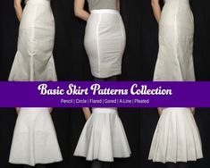 A set of 6 print-at-home digital PDF skirt pattern blocks, perfect for mixing and matching to create your own clothing or cosplay designs. These blocks offer a great base to start from. Patterns included: - Pencil, - Circle (full and half) - Flared - Gored - A-line - Pleated (box and knife) This pattern comes in one size, approximately US women's 10/Medium, specifically sized for the following model dimensions: Waist: 29in Hips: 41in Inseam: 32in I recommend creating a mock-up in a similar mater Skirt Sewing Patterns, Cosplay Patterns, Flared Skirt Pattern, Cloak Pattern, A Line Skirt Pattern, Pencil Skirt Pattern, Skirt Patterns, Skirt Sewing, Basic Skirt