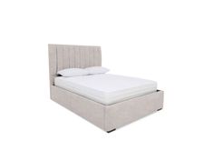 an upholstered bed frame with white sheets and pillows on the bottom, in front of a white background