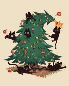 a christmas tree with cats around it