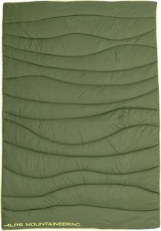 an olive green sleeping bag with the words alps mountaining printed on it's side