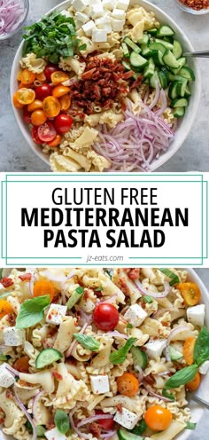 two bowls filled with different types of pasta salads and the title reads gluten free mediterranean pasta salad