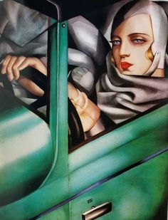 a painting of a woman in a car looking out the window