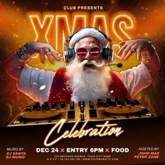 a flyer for a christmas party with djs in headphones and santa clause on it