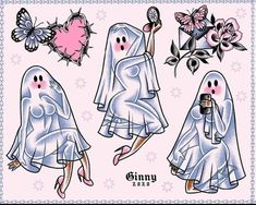 three ghost girls in white robes with pink flowers and butterflies on their heads, one holding a