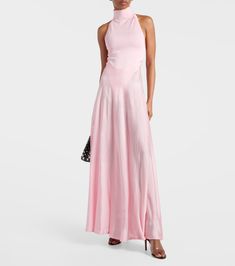 Turtleneck maxi dress in pink - Alaia | Mytheresa Chic A-line Maxi Dress With Bias Cut, Feminine Formal Maxi Dress, Pink Bias Cut Maxi Dress For Gala, Pink Bias-cut Maxi Dress For Gala, Feminine Evening Maxi Dress, Chic A-line Viscose Maxi Dress, Elegant A-line Maxi Dress In Rayon, Elegant Pink Asymmetrical Maxi Dress, Silk Bias Cut Full-length Maxi Dress