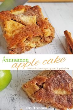 an apple cake cut in half and sitting on top of a white table with cinnamon apples