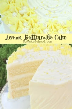 lemon buttermilk cake with white frosting on a plate