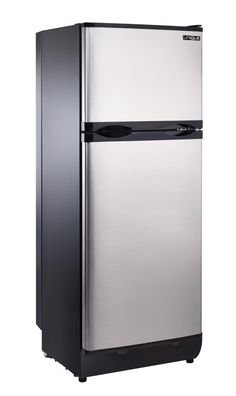 a silver and black refrigerator freezer sitting on top of a white floor next to a wall