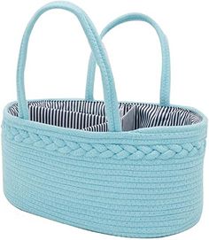 a blue basket with two handles on the front and one in the back, is shown