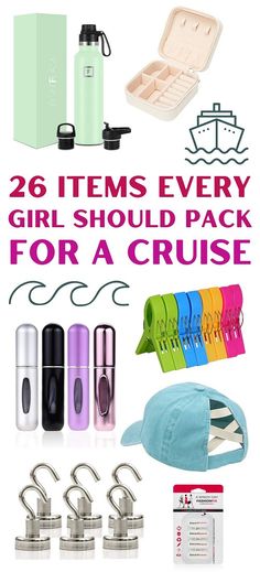 there are many items that can be found in this travel bag and the text reads 26 items every girl should pack for a cruise