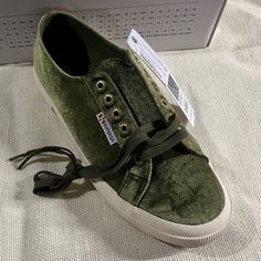 Superga Classic Sneaker 2750 Cotu Velvet Green Never Worn, Only Tried On. In Original Box. Slight Box Damage Pictured. My Mom Has Been Collecting Shoes Over The Decades And Has Put Me In Charge Of Selling Them! I Think She Has Great Taste, But She Has Decided To Let Them Go. Hoping To Sell Them To Somebody Who Will Love Them As Much As She Did Us W Size 9.5, M Size 8 Eu 41 Superga Shoes, Let Them Go, Personalized Shoes, Green Shoes, Classic Sneakers, Green Cream, My Mom, Womens Shoes Sneakers, To Sell