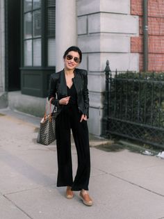 Jumpsuit Outfit With Jacket, Style A Black Jumpsuit, Casual Black Jumpsuit, Jumpsuit Outfit Ideas, Jumpsuit Outfit Black, Extra Petite Blog, Black Jumpsuit Outfit, Jumpsuit Outfit Casual, Black Jumpsuits