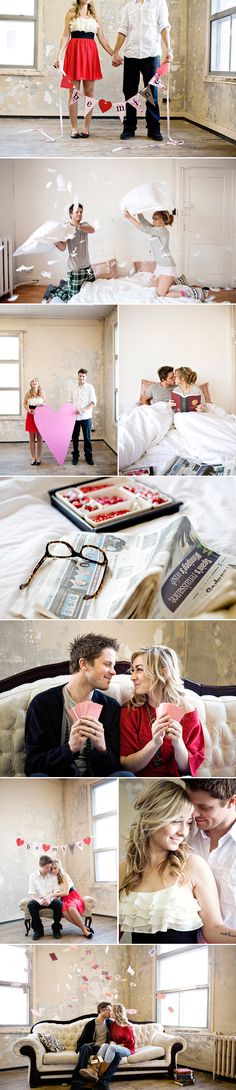 a collage of photos showing people laying on the floor and in bed, with one person kissing another