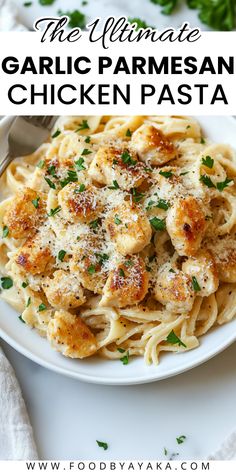 garlic parmesan chicken pasta on a white plate with the title text overlay