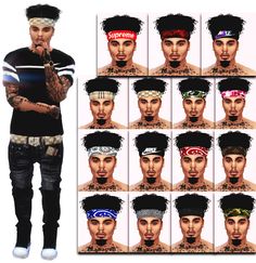 multiple images of the same man with different hair styles and tattoos on his arms, headbands or headscarves