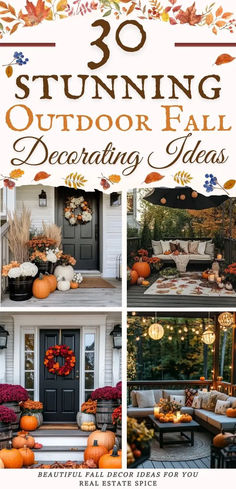 an outdoor fall decorating idea with pumpkins and flowers on the front porch, sitting in